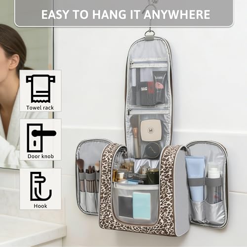 Pearl Angeli Hanging Travel Toiletry Bag for Women, Large Makeup Organizer - color: Khaki Lepoard