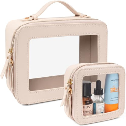 LETGO 2 Pack Clear Travel Toiletry Bag for Women, Large & Mini Waterproof PU TSA Approved Cosmetic Pouches,Portable See Through Clear Mahjong Tile Bag with Handle - color: 0-Large+Mini-Beige