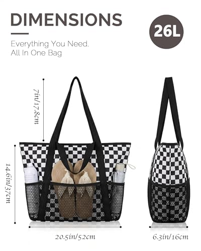 HOMESPON Beach Bag Large Waterproof Sandproof Tote for Women with Zipper and Mesh Pockets - color: Black Grid, size: Medium