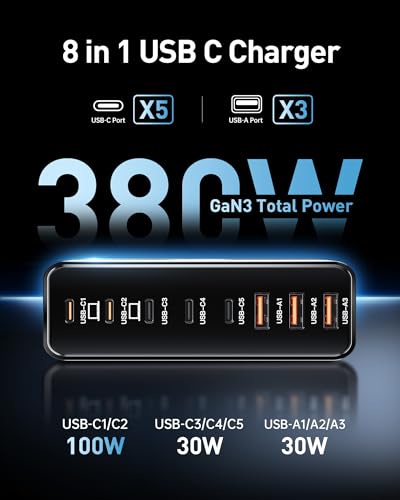 380W USB C Charger Block with 4 USB Cables Dual 100W Charging Station - color: Black