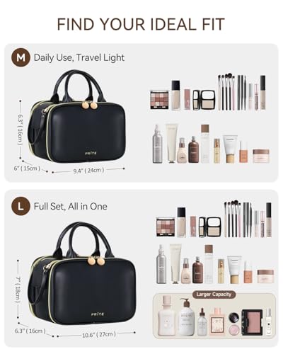 Prite Large Makeup Bag, Waterproof Travel Cosmetic Case with Brush Holder - color: Black, size: Large