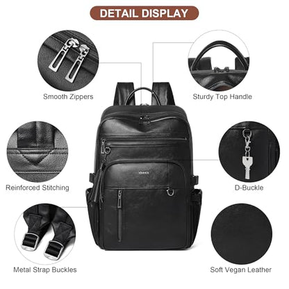 Shrrie 17 Inch Leather Laptop Backpack for Women with Giant Tumbler Holders - color: Black