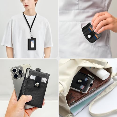 Minimalist RFID Blocking Small Wallet with ID Window,WaterResistant Zip Id Case Wallet with Lanyard Keychain for Cards,Cash,Travel,Women,Men (Black/DarkGrey) - color: Black/DarkGrey