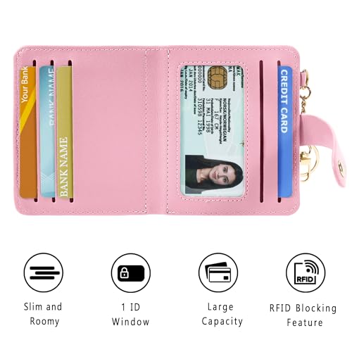 Airkit Small Wallet Women RFID, PU Leather Card Holder with Keychain - color: Pink