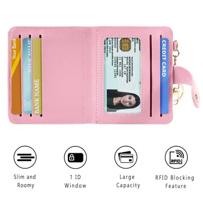 Airkit Small Wallet Women RFID, PU Leather Card Holder with Keychain - color: Pink