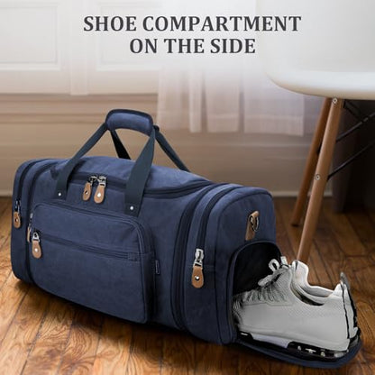 Gonex Canvas Duffle Bag, Expandable 60L Travel Overnight Weekender Bag - color: Blue, size: X-Large-60L (With Shoe Compartment)