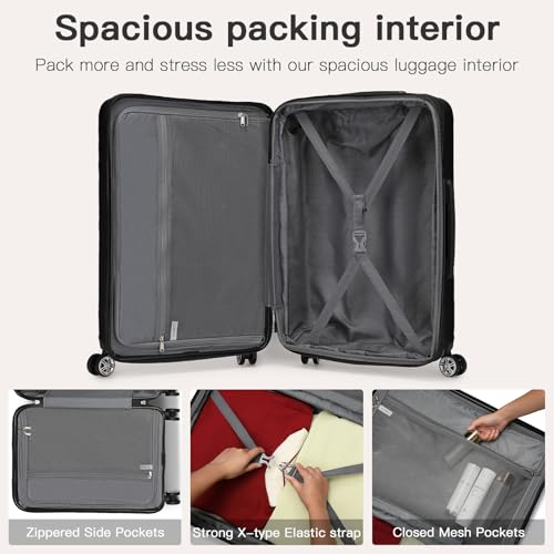 Kono 24 Inch Expandable Hardshell Luggage with Spinner Wheels Black - color: Black, size: Checked-Medium 24 Inch