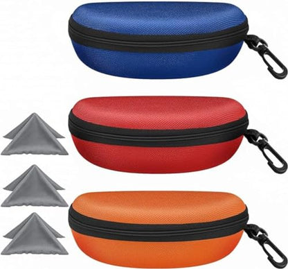 ZONLY 3 Pack Sunglasses Case Portable Travel Zipper Eyeglasses Case Hook With Cleaning Cloth - color: B-red+blue+orange
