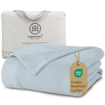 Threadmill Luxury 100% Cotton King Herringbone Blanket, Light Blue - color: Light Blue, size: King (106" x 92")