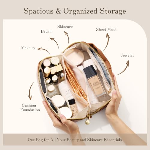 SHOWKOO Cosmetic Bag for Women, WideOpen Travel Makeup Bag with Compartment - color: Brown