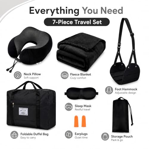 Travel Pillow and Blanket Set - Foot Hammock Rest Airplane Essentials Black - color: Black