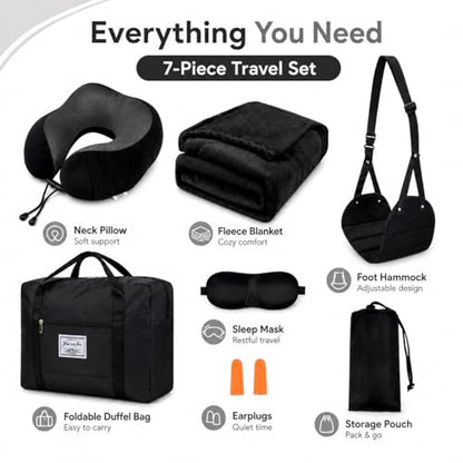 Travel Pillow and Blanket Set - Foot Hammock Rest Airplane Essentials Black - color: Black
