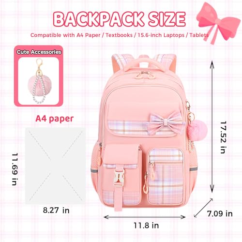 Kids Backpack for Girls, Cute Plaid Large Capacity Bookbag for Students Teens Preppy Aesthetic Kawaii Bow Elementary Primary Middle School Book Bag 6-8 8-10 10-12 (Pink) - color: Pink
