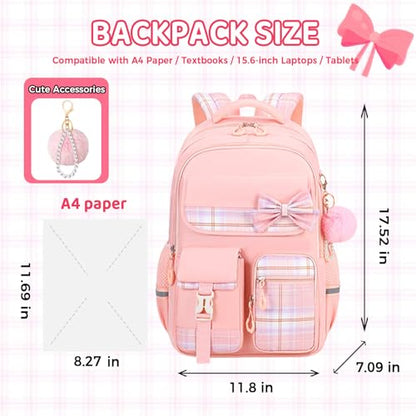 Kids Backpack for Girls, Cute Plaid Large Capacity Bookbag for Students Teens Preppy Aesthetic Kawaii Bow Elementary Primary Middle School Book Bag 6-8 8-10 10-12 (Pink) - color: Pink