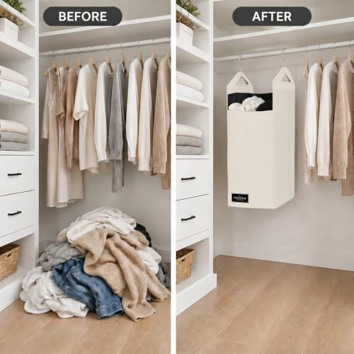 The Fine Living Co. Hanging Laundry Hamper Bag, Heavy Duty Hanger, Space Saving Closet Hamper Organizer (Beige) (Pack of 2) - color: Cream, size: Single Compartment (Pack of 2)