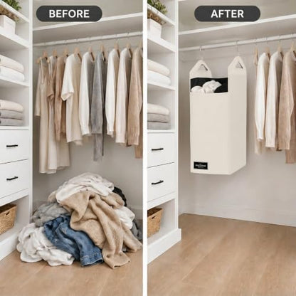 The Fine Living Co. Hanging Laundry Hamper Bag, Heavy Duty Hanger, Space Saving Closet Hamper Organizer (Beige) (Pack of 2) - color: Cream, size: Single Compartment (Pack of 2)