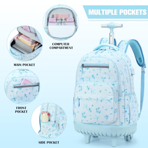 ACESAK Rolling Backpack for Girls with Lunch Bag & Pencil Pouch - color: Blue Bow