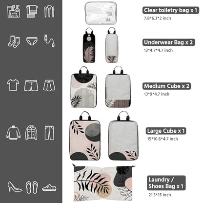 7 Pcs Compression Packing Cubes for Travel, Waterproof Suitcase Luggage Backpack Organizer with Toiletry Bag Travel Essentials for Women/Men-Black Bohemia - color: Black-bohemia