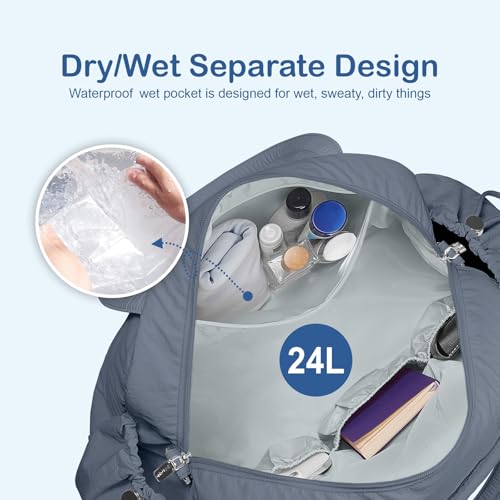 TOPDesign Travel Duffel Bag, Puffy Carry On Overnight, Gym Bag w/Wet Pocket - color: Blue Grey