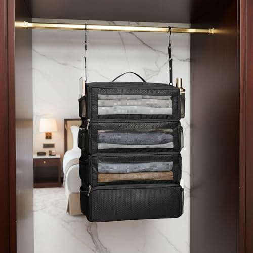 Hanging Suitcase Organizer with Laundry Bag, Travel Packing Cubes, Collapsible Portable Closet Shelves, Polyester, Black, Small