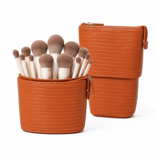 APT 1101 Convertible Travel Makeup Brush Bag, Stand-Up Brush Holder Pouch For Easy Access, Standing Portable Cosmetic Organizer, Organizer for Brushes, Beauty Tools & Accessories (Chocolate) - color: Chocolate