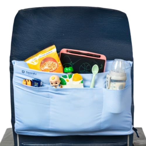 Airplane Tray Organizer/Tote with 4 Storage Pockets, Back Seat Airplane Tray Cover, Converts into a Drawstring Tote, Washable, Durable & Lightweight (2.8 oz) Airplane Travel Essentials - color: Powder Blue