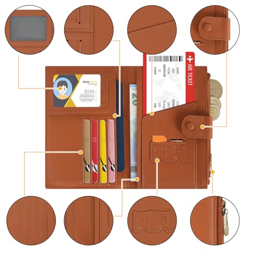 Leather Passport Cover Wallet Travel Essentials Holder with Zipper Pocket - color: Brown