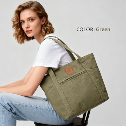 Light Canvas Shoulder Bag for Women Retro Bucket Tote - color: Green