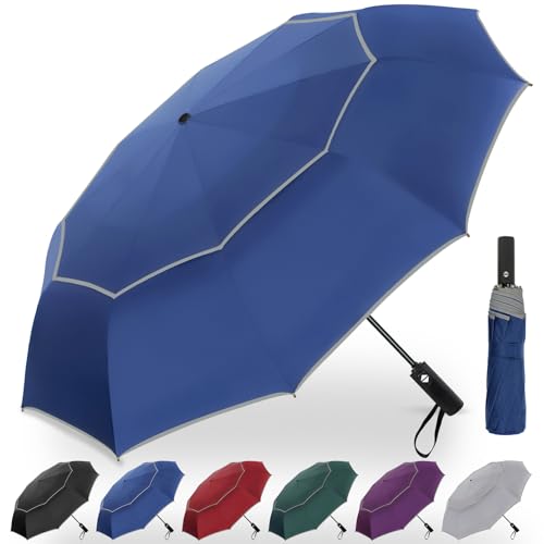 Satol Extra Large Golf Umbrella, 46/54/62 Inch Windproof 10 Ribs Vented Double Canopy Reflective Strips Automatic Open/Close Waterproof UV Protection Portable Compact Umbrella for Outdoor & Travel - color: Blue Round Handle, size: 62 Inch