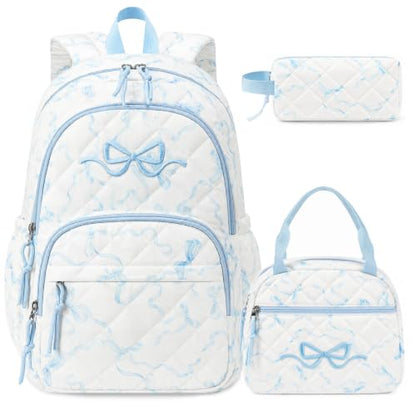 DIGOBAY Quilted Backpack for Girls, Girls Backpack w/Lunch Box Pencil Case - color: Blue Bow