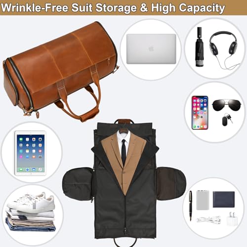 Full Grain Leather Duffel Bag for Men, 2-in-1 Garment Travel Bag with Shoe Compartment, Weekender Overnight Bag for Business Trip, Light Brown - color: Y22a01Y Light brown