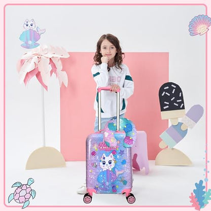 Cute Cat Kid's Luggage Set: 2 Piece Hardside Spinner Wheels Suitcase Set, 16' Airline Approved, Pink Cat Pattern, Ages 5+ - color: Cat Pink