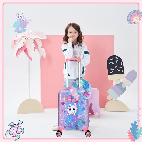 Cute Cat Kid's Luggage Set: 2 Piece Hardside Spinner Wheels Suitcase Set, 16' Airline Approved, Pink Cat Pattern, Ages 5+ - color: Cat Pink