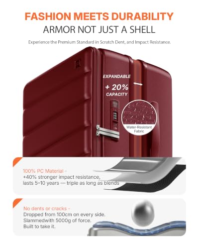 28 Inch Checked Luggage Side Opening Expandable Hardshell Suitcase, 100% PC Lightweight with Brake Spinner Wheels, TSA Lock - Large Travel Suitcase - color: Wine Red, size: 28 IN