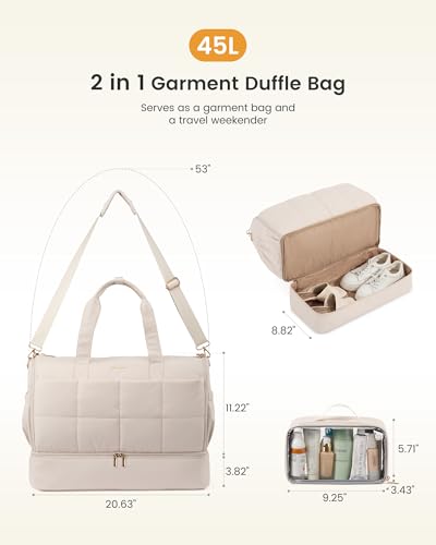 LOVEVOOK Garment Bags for Travel,Convertible Garment Bag for Women with Shoe Pouch,Carry on Duffel Bag with Toiletry Bag, 2 in 1 Hanging Suitcase Suit Bag,Waterproof Weekender Bags for Business Trip - color: Beige-Bean Green-Dark green