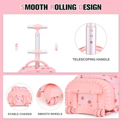 ACESAK Rolling Backpack for Girls with Lunch Box Pencil Case - color: Pink Strawberry