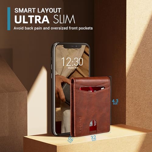 RUNBOX Wallet for Men -Slim Rfid Leather Mens Bifold Novelty Wallets 2 ID Window With Gift Box Men's Accessories - color: RETRO RED BROWN