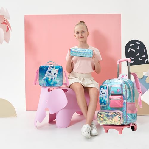 Meetbelify Girls Rolling Backpack with Wheels Kids Wheels Backpack for Girls - color: Cat Mermaid