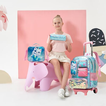 Meetbelify Girls Rolling Backpack with Wheels Kids Wheels Backpack for Girls - color: Cat Mermaid