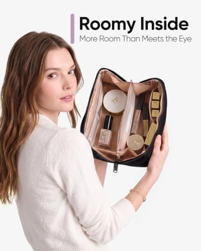 NISHEL Travel Makeup Bag Organizer Pouch Open Flat Cosmetic Case Brush Slot - color: Black, size: Medium