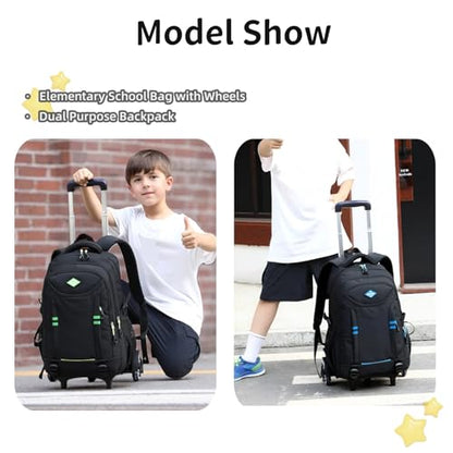 Rolling Backpack for Boys Elementary School Bag with Wheels Travel Trolley Bag 2 wheels and 6 wheels - color: Black/Green 6 Wheels, size: 6 wheels