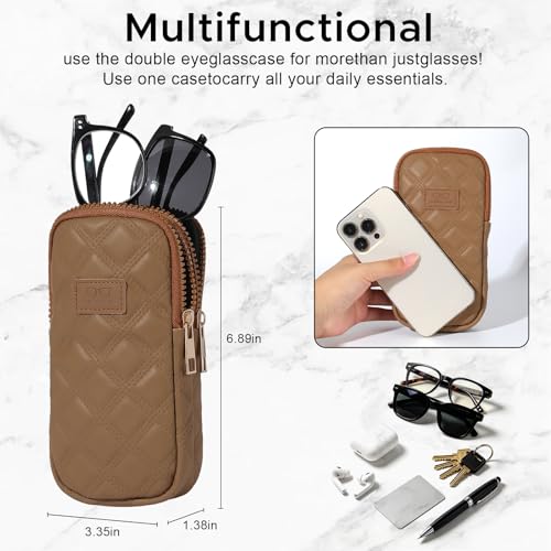 KINIVA Double Eyeglass Case for Men Women, 2-in-1 PU Dual Sunglasses Case, Scratch-Proof Travel Eyeglass Holder for Purse Car - style: Brown Lozenge