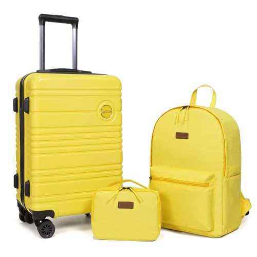 ABS+PC Carry on Luggage set with backpack 3 Pcs suitcace with Spinner wheels TSA Lock 20-In hardshell Lightweight Luggage set(Yellow) - color: Yellow