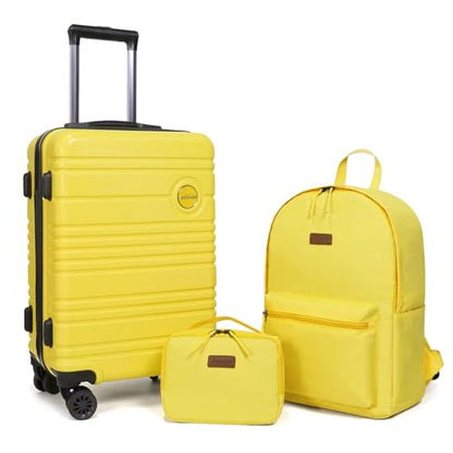 ABS+PC Carry on Luggage set with backpack 3 Pcs suitcace with Spinner wheels TSA Lock 20-In hardshell Lightweight Luggage set(Yellow) - color: Yellow