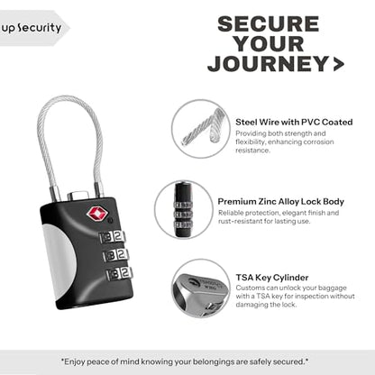 TSA Locks for Luggage, Small Combination Lock with Cable, Luggage Locks TSA Approved, Combo Lock for Suitcase, Cabinet, Gym Locker, Backpack, Small Padlock for Travel Essentials (Black) - color: Black