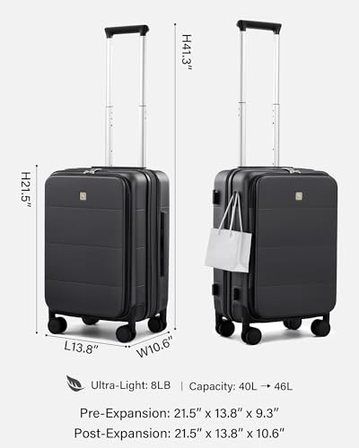 Hanke Hardside Expandable Carry On Luggage, 20 Inch Top Opening Suitcase - color: Jet Black, size: 20 Inch EXT