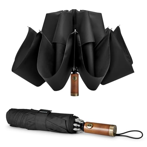 G4Free 54 Inch Inverted Windproof Umbrella with Wooden Handle Rain Umbrella - color: Black