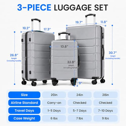 Simple Deluxe 3-Piece Luggage Sets Hardside Carry On Luggage | ABS Hard Shell Expandable Suitcase with TSA Lock Spinner Wheels, 3-Piece Set (20/24/28), Light Grey - color: Light Grey, size: 3-Piece Set (20/24/28)