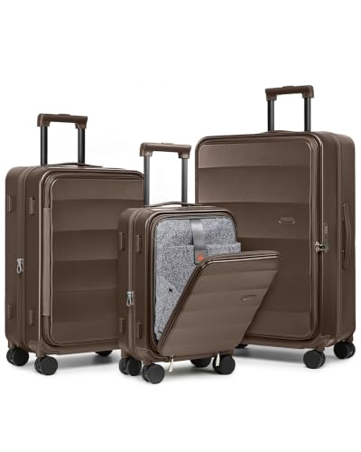 Joyway Expandable 3 Piece Luggage Sets with Front Pocket, Coffee - color: Coffee, size: 3 Piece