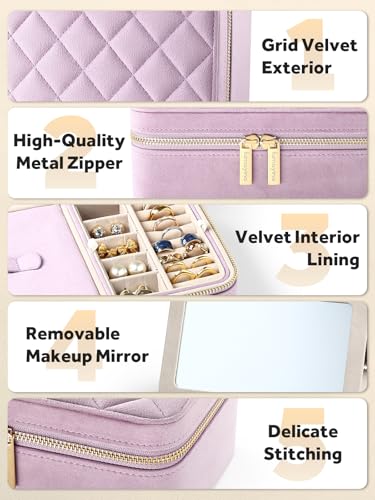 Velvet Travel Jewelry Organizer Case with Large Mirror for Women - color: Lavender